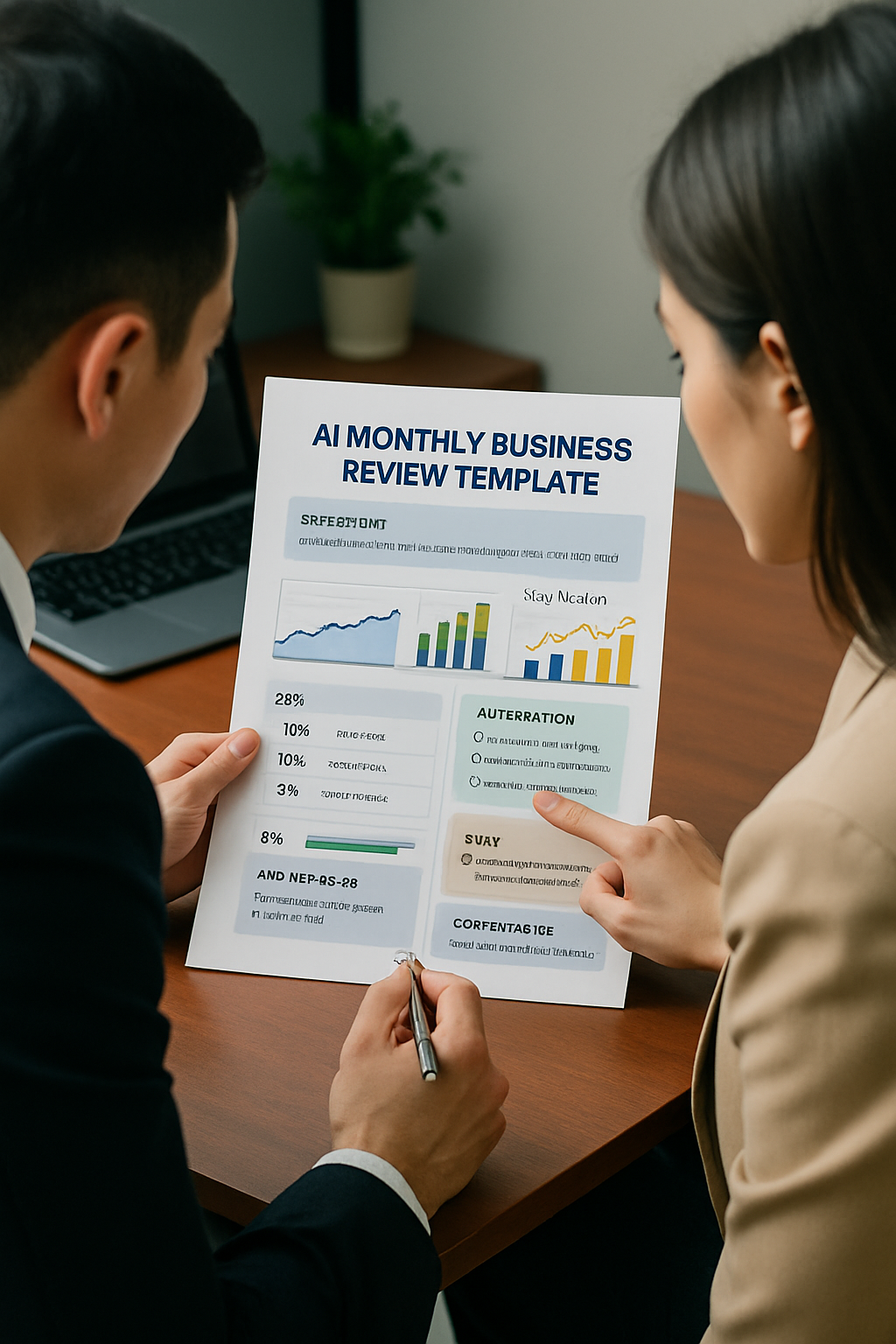 monthly business review template generated by ai with charts and key metrics